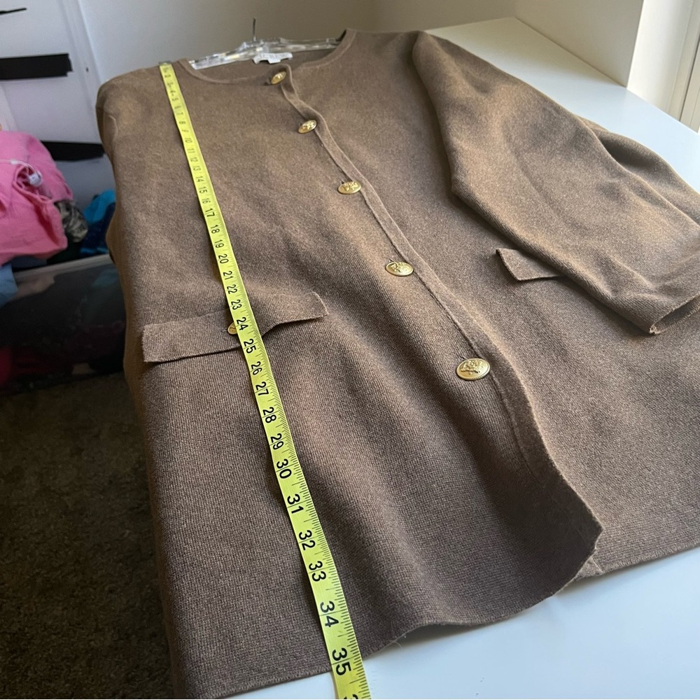 J Crew Giselle Long Sweater Blazer Brown Gold Buttons Old Money Preppy Large - Picture 10 of 10